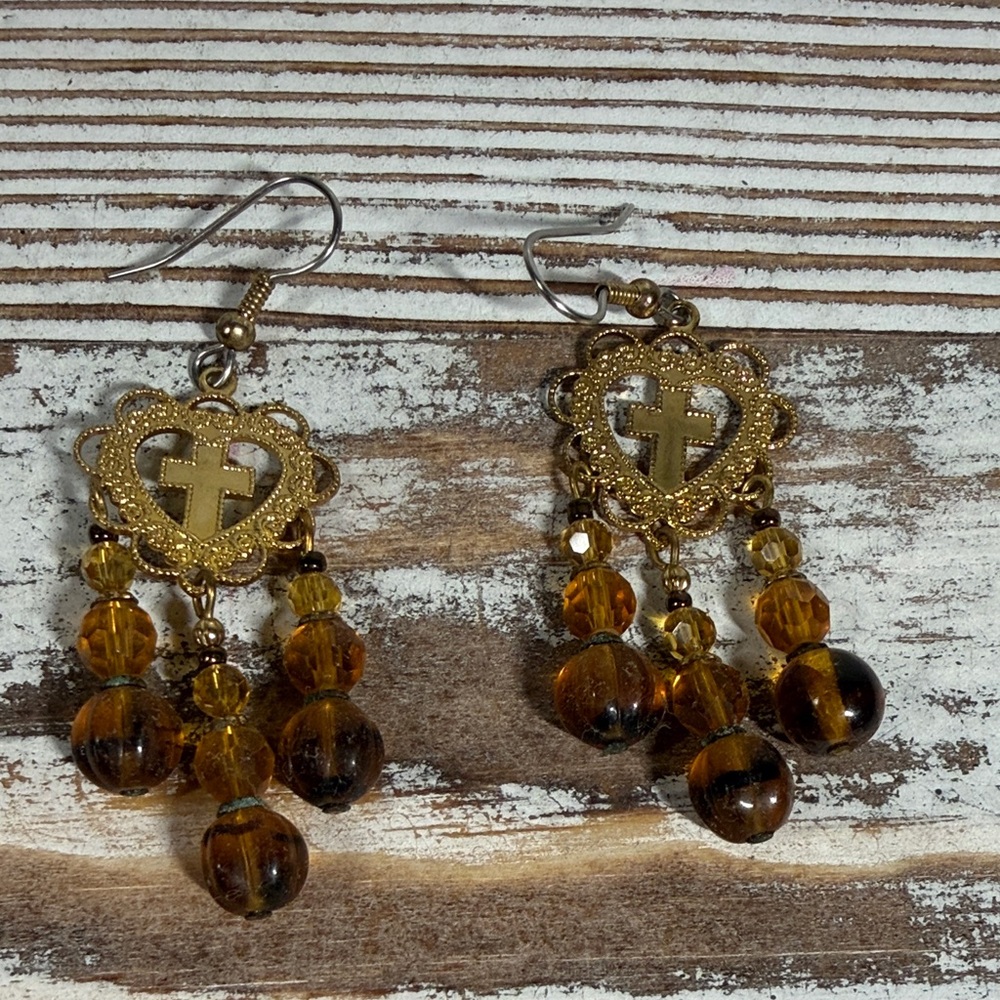 Gold Heart Cross Dangle Earrings